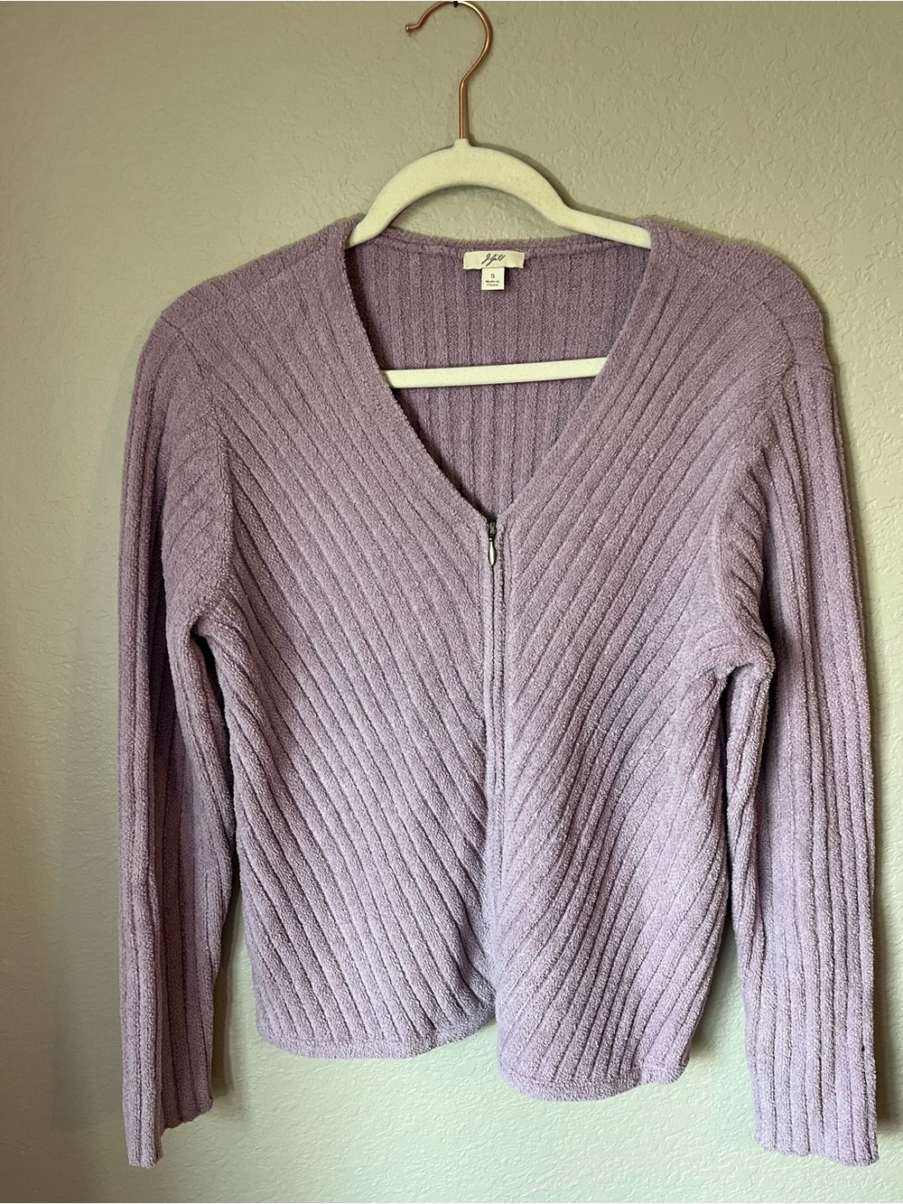 J.Jill Small Lavender Chenille Ribbed Zip Cardigan Sweater Soft Cozy Cottage